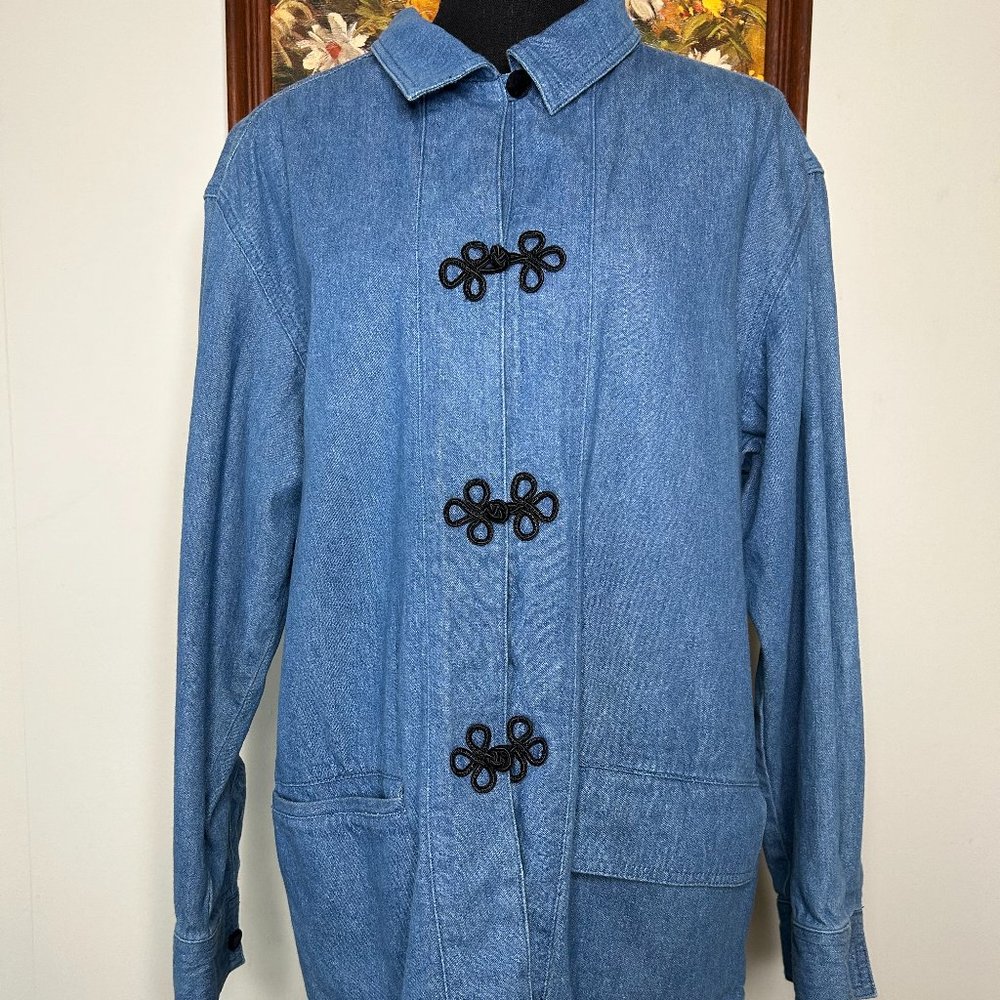 Charles Keath Denim Shirt Women's Large Hook & Loop Blue Pockets Casual VTG 90s
